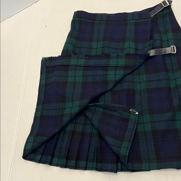 WOOL KILT TARTAN GLEN AVON GREEN & BLUE PLAID. PLEATED WRAP SKIRT - Picture 3 of 14